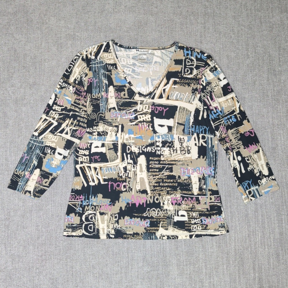 Nygard Collection Graffiti Print V-Neck Top 3/4 Sleeve Y2K Petite Medium 10-12